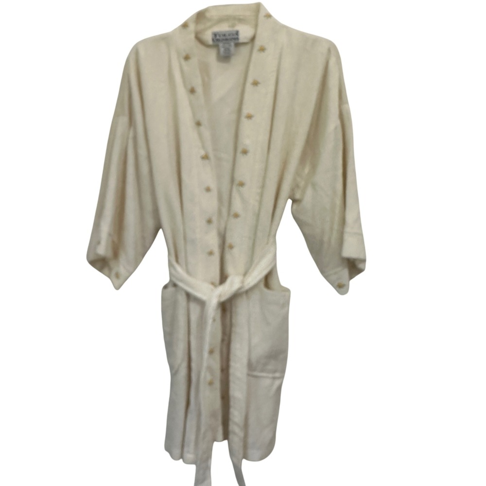 Cotton Terry Robe Cream Embroidered Rosebud Shawl Collar Cottagecore Tolga OS